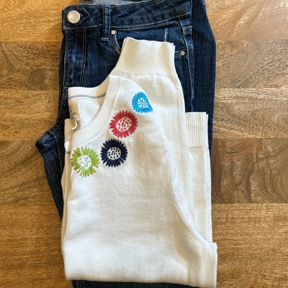 Lands' End White Cardigan with Colorful Embroidery